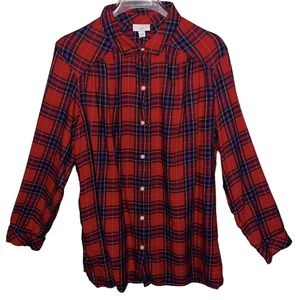 J Jill Plaid Flannel Shirt Womens Size XL Red Plaid Tunic Button Up Long Sleeves